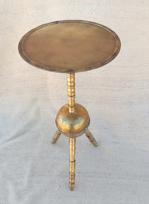 Handmade Pair Moroccan Brass Heavy Tea Table Tripod Stand Middle Eastern Etched gallery