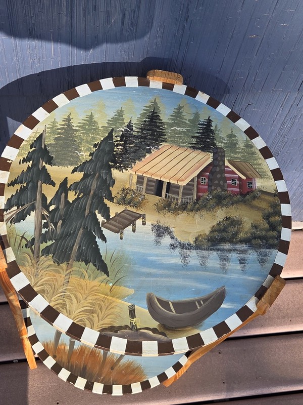 Wilderness Handpainted Scene Round 2 Tier Side Table w/ Oar Paddle Legs - Cabin gallery