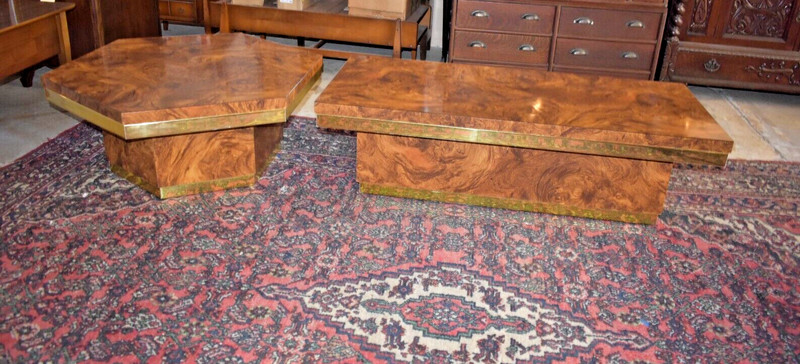 Mid Century Milo Baughman Burled Walnut, Brass Coffee Table Set, Hexagon Table gallery