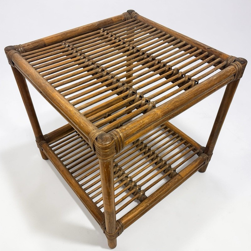 Pair Vintage Mid Century Bamboo Rattan Wicker Side End Table Stand Tiki Boho MCM gallery