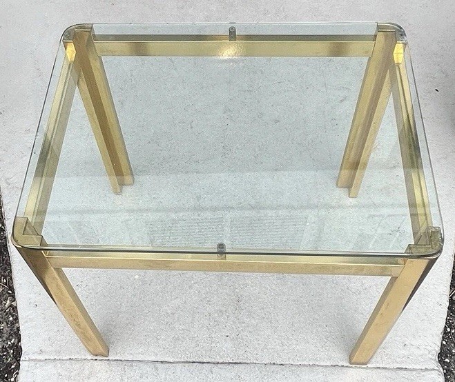 Mid-Century Modern Hollywood Regency Brass and Thick Glass Coffee End Table gallery