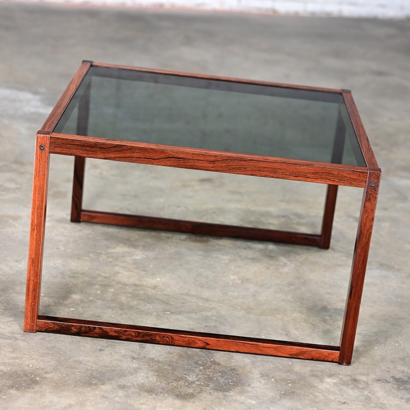 Vintage MCM Rosewood Square Frame & Smoked Glass Top Coffee or End Table gallery