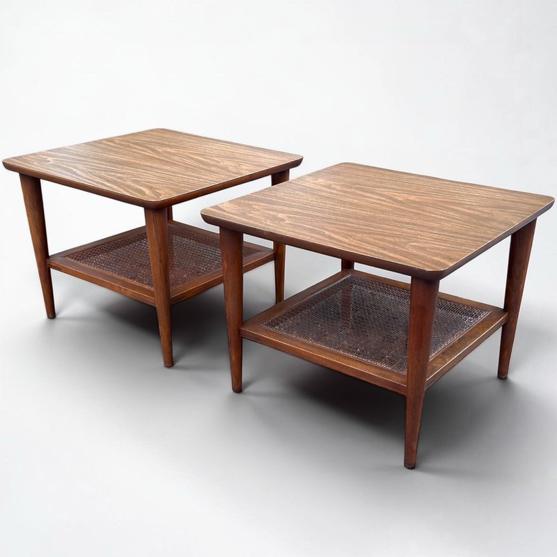 Pair Vintage Lane Mid Century Modern Walnut Formica Cane End Tables 1038-18 MCM
