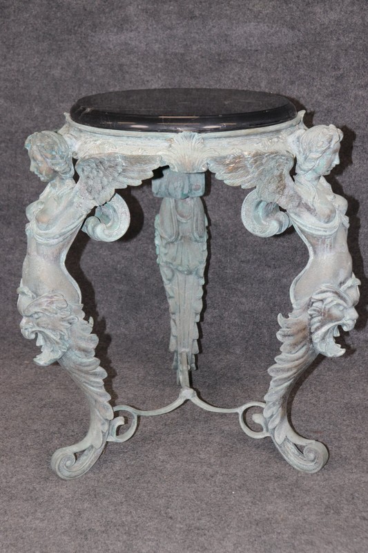 Metal Figural Victorian Style Bronze Finished Metal Marble Top Pedestal Table