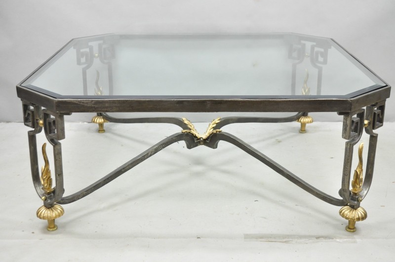 Vintage French Neoclassical Large Wrought Iron & Glass "Flame" Coffee Table gallery