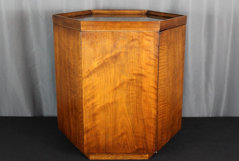Lane ? hexagonal Walnut end side table, brass top, manner of Harvey Probber gallery