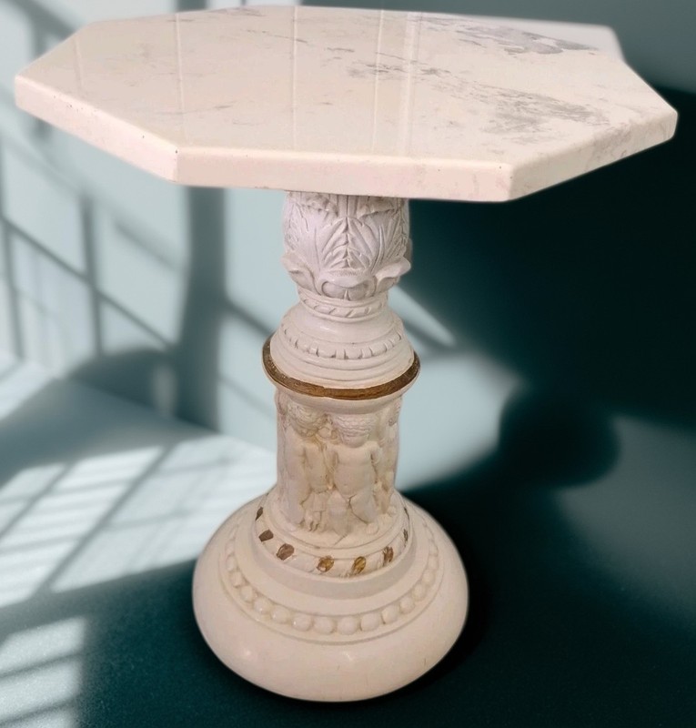 Baroque Faux Marble Octagon Top Pedestal Table Ornate Cherubs 19″ Unique Greek