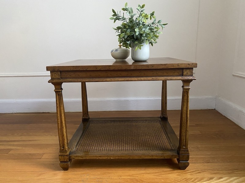 Heritage 2-Tier Burl Fruitwood & Cane Side Table with Pull-Out Tray - 1970s gallery