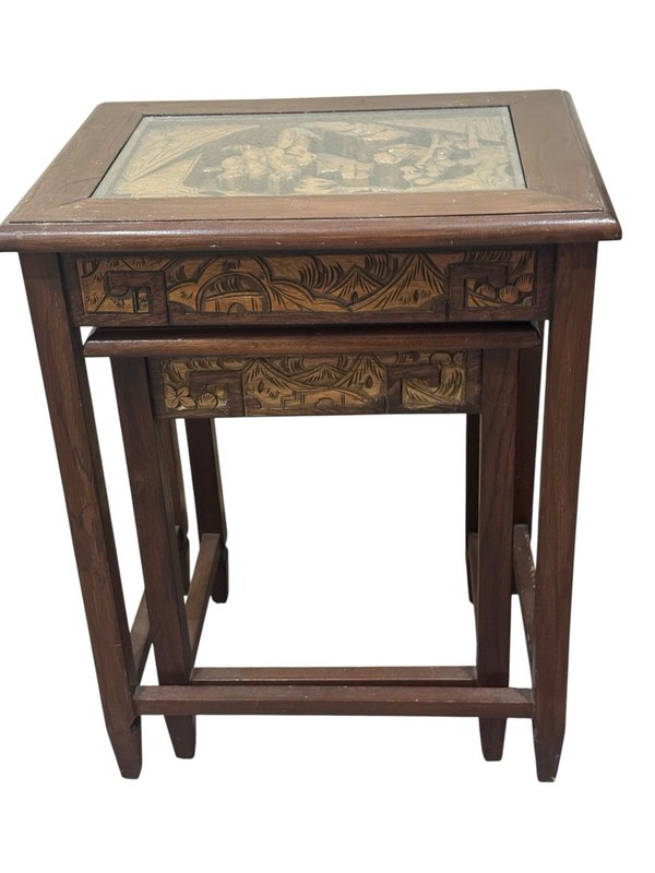 Vintage 1960s Asian Carved Nesting Tables Side Coffee Decor Table Set of 2 gallery