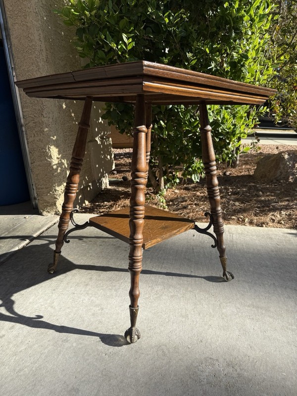 Antique Tiger Oak Parlor Table W/ Marble Talon Glass Feet
