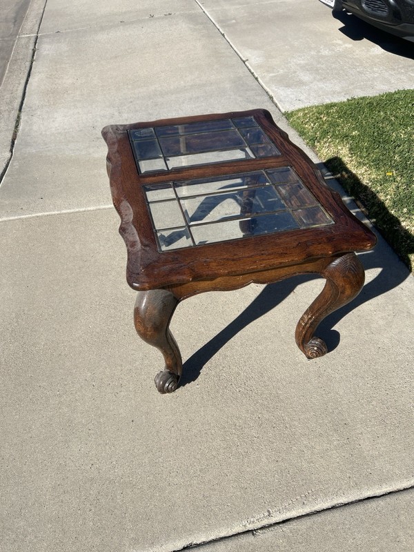 Antique French Style Glass Top Side Tables, Brown Wood, Carved Legs, 28x22x20 gallery
