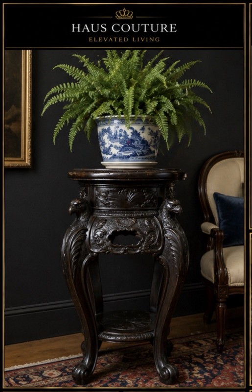 Victorian Renaissance Revival Carved Pedestal Eagle Heads Plant Stand