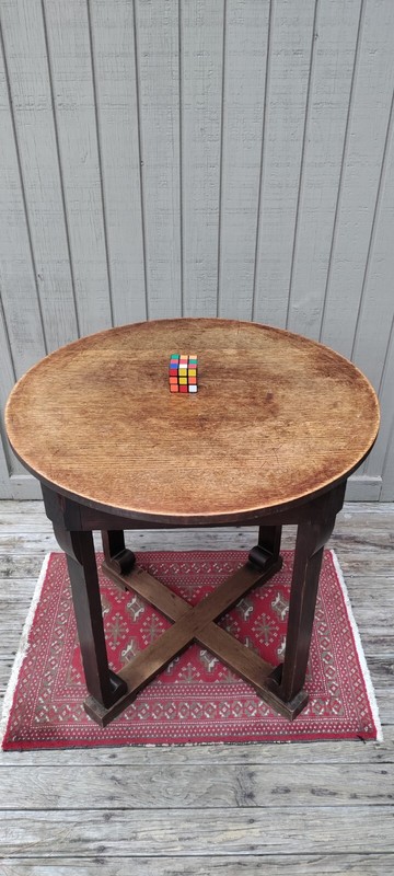 Antique Oak Arts and Crafts Mission Center Table with Scroll feet and X base gallery