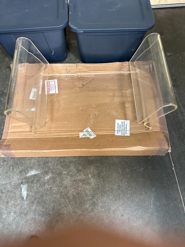 ART DECO THICK CLEAR LUCITE ACRYLIC SCROLL COFFEE TABLE IN GOOD CONDITION. gallery