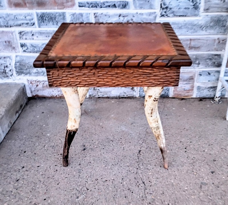 Vintage Mid Century Square Leather Top Bull Cow Horn Leg End Side Table gallery