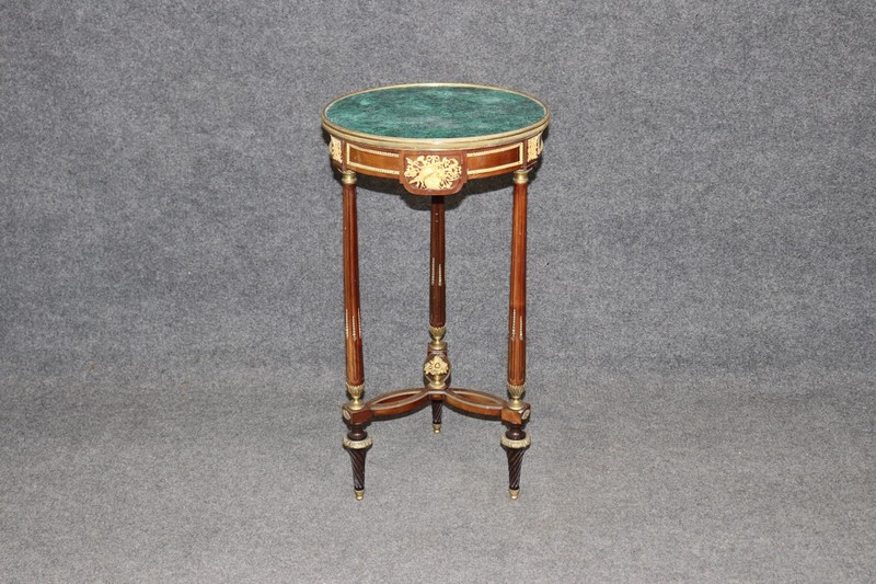 19th C French Louis XVI Bronze Ormolu Mounted and Malachite Top End Table gallery
