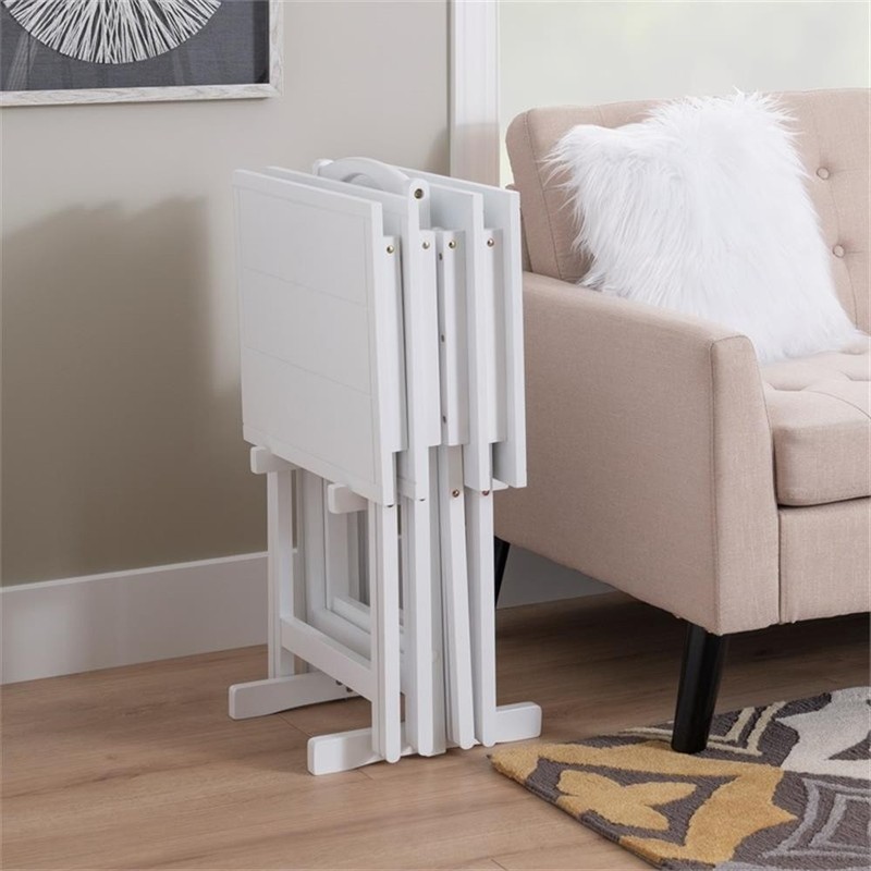 Linon Lisbon Five Piece Wood Tray Table Set in Whitewash gallery