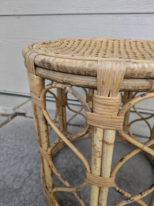 Vintage Asian Boho Chic Bamboo Rattan Cane Round Side Table Plant Stand Stool gallery