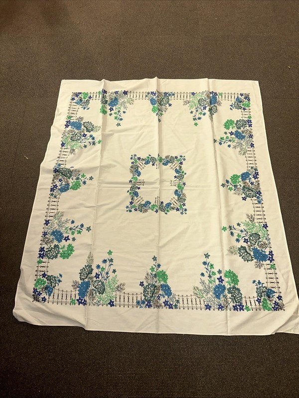 Vintage Table Cloth – Blue Garden Flowers 52 By 45. Lee