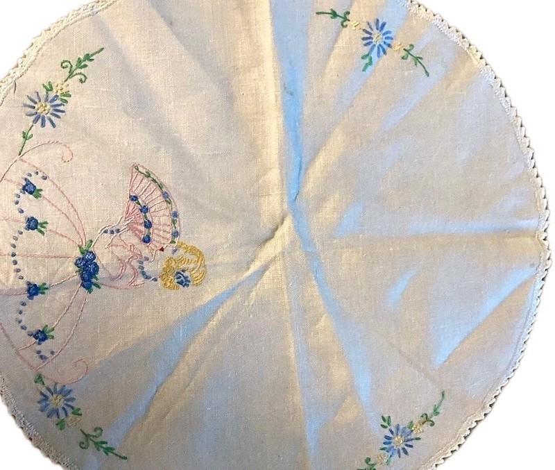 15” Vintage Small Round Emboidered Table Cloth With Lady And Flower (Handmade)
