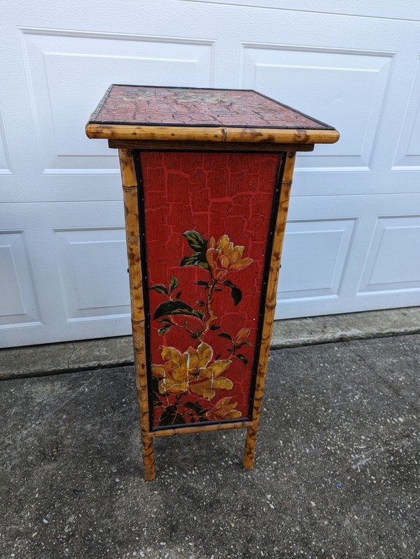 Vintage Edwardian Bamboo Stand Table Accent Display Bar Cabinet Red Floral RARE gallery