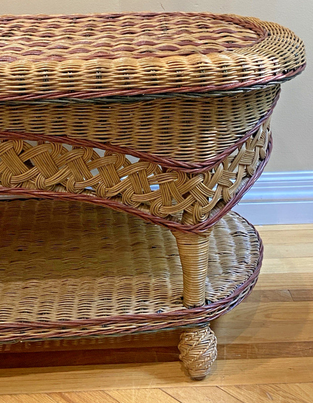 Vintage MCM Oval Wicker Rattan 2-Tier Coffee Table Bamboo Coastal Rare Design gallery