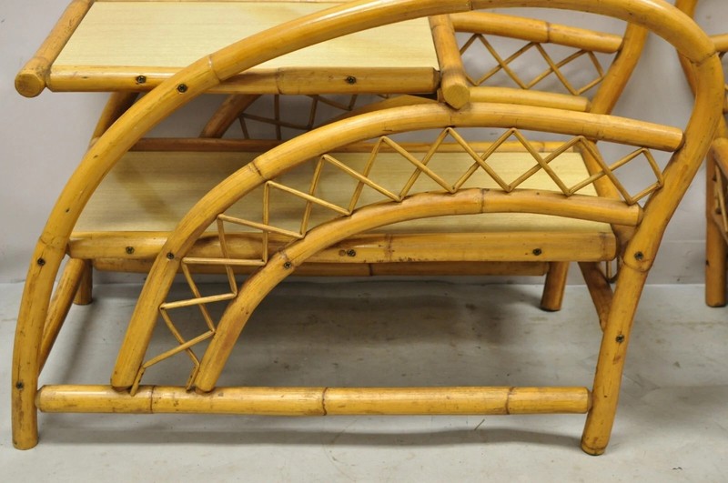 Vintage Tiki Rattan Bentwood Bamboo 2 Tier Sculptural End Tables - a Pair gallery