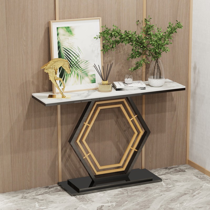 Marble Console Table Entryway Table with Geometric Metal Base for Living Room