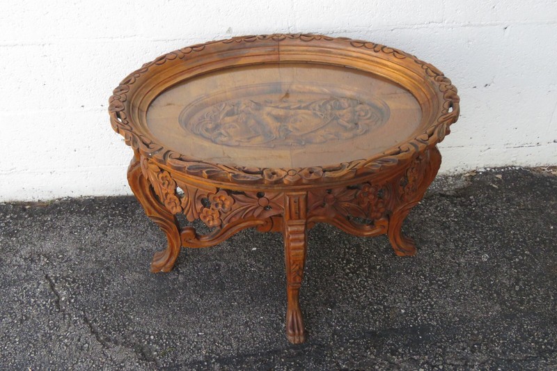 Heavy Hand Carved Cherub Coffee Table with Glass Top Serving Tray 4053