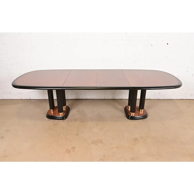 Drexel Heritage Modern Art Deco Walnut and Black Lacquered Pedestal Dining Table