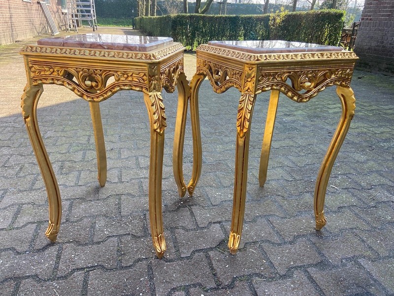Tables French Louis XVI Gold Beech Pink Marble Side Pair Vintage 1990s gallery