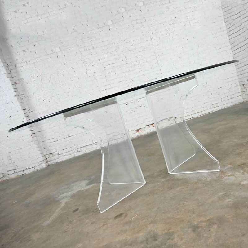 Modern Hollywood Regency Art Deco Lucite Sculptural Dining Table Oval Glass Top gallery