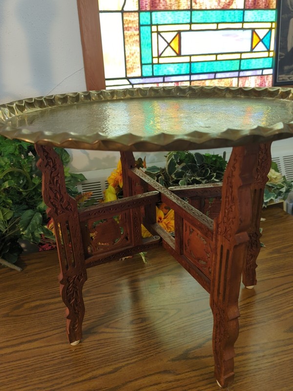 Vtg Side Coffee Table Brass Carved Wood MCM Large Round Asian Folding Base