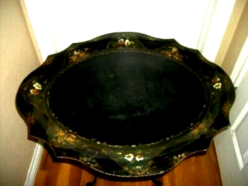 Victorian English HP Tole Tray Table Gilt Floral Green Black Huge Folding Legs gallery