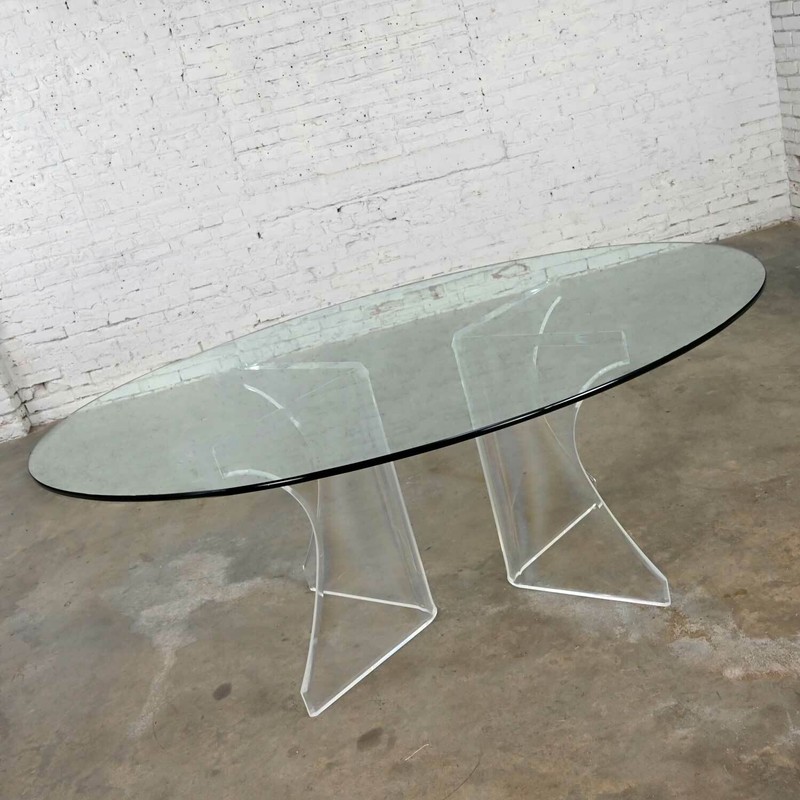 Modern Hollywood Regency Art Deco Lucite Sculptural Dining Table Oval Glass Top gallery