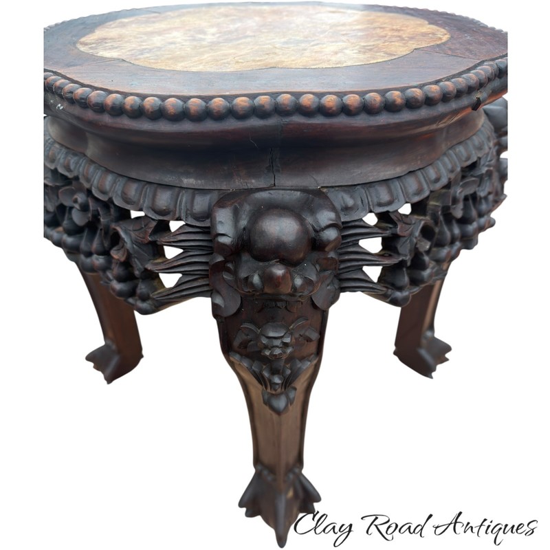 Antique Carved Chinese rosewood marble top parlor table plant stand small rose gallery