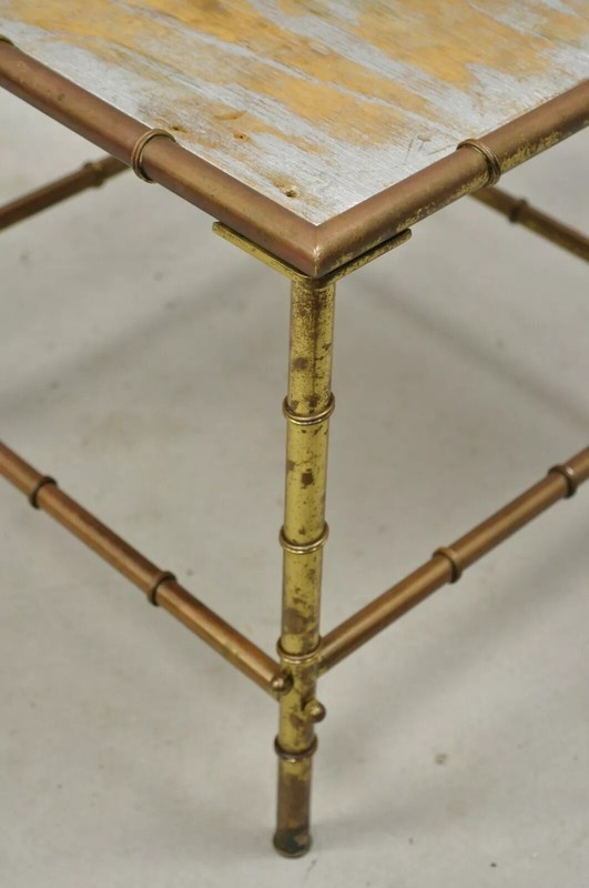 Italian Hollywood Regency Faux Bamboo Brass Tole Metal Low Square Side Table gallery