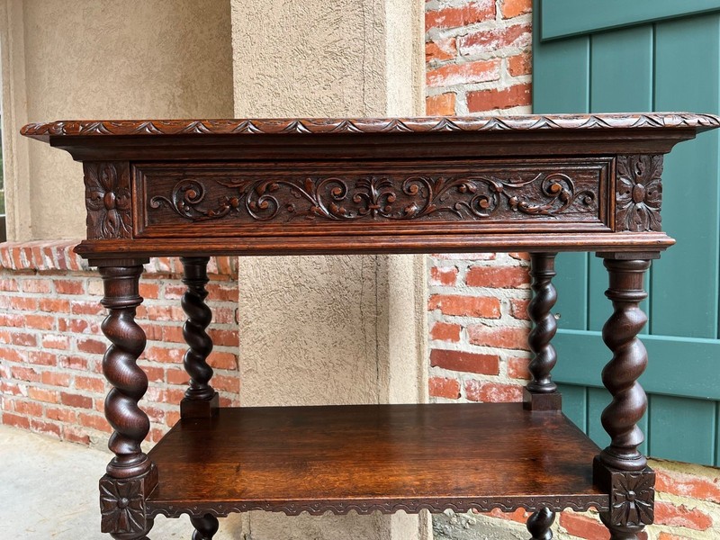 Antique English Server Console Table Jacobean Carved Oak Barley Twist c1900 gallery