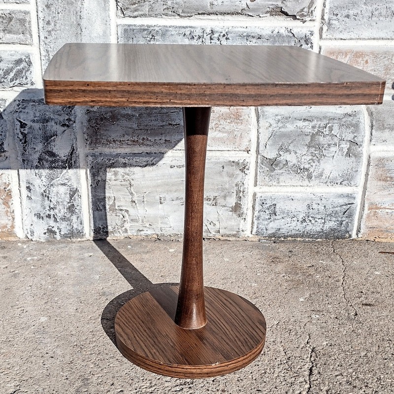 Vintage MCM Mid Century Dark Woodgrain Formica Laminate Square End Table gallery