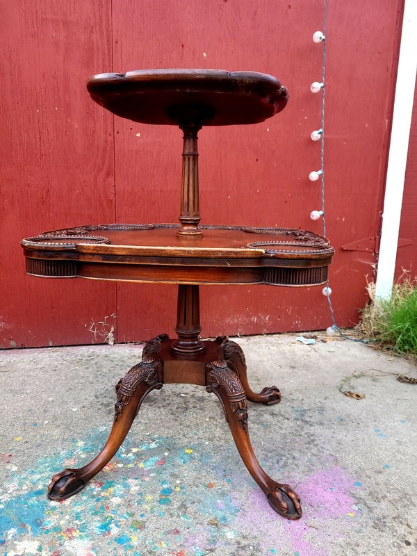 Antique  two tier occasional  table with  beautiful  carved wood gallery