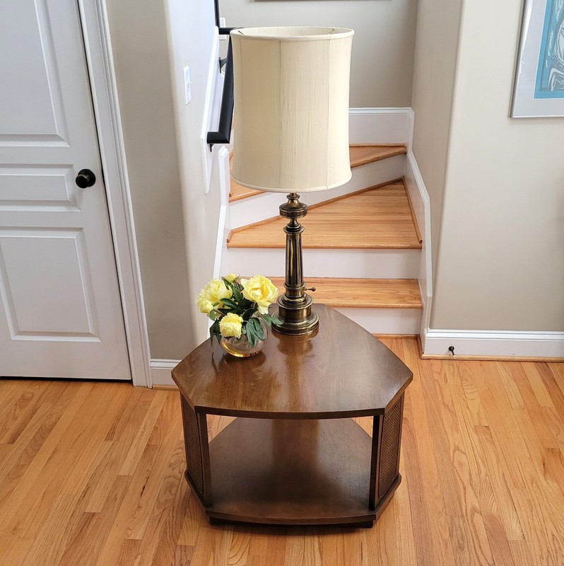 Vintage MCM Emphasis Broyhill Premium End Table Cane Inserts Walnut 6 Sided/Rare