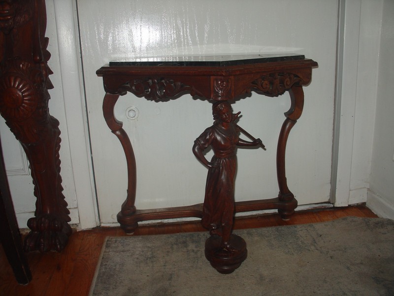 Antique Maiden Figural Parlor Table Wood Black Marble Top Triangle Shape gallery