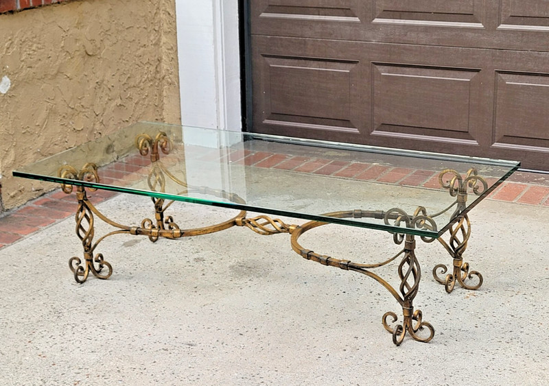 c.1950 Mid-Century Gilt Gold Wrought Iron & Glass Coffee Table Hollywood Regency gallery
