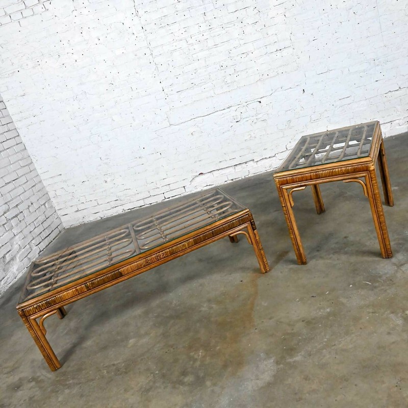 Vintage Organic Modern Rattan Coffee Table & Side Table Style Ficks Reed, pair