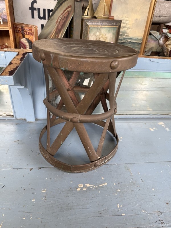 Vintage MCM Hollywood Regency Hammered Brass Lattice Drum Table Garden Stool