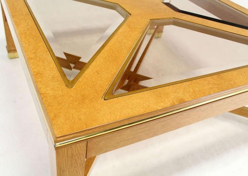 Beveled Smoked Glass Bird's-Eye Maple Brass Square Legs Coffee Table MINT! gallery