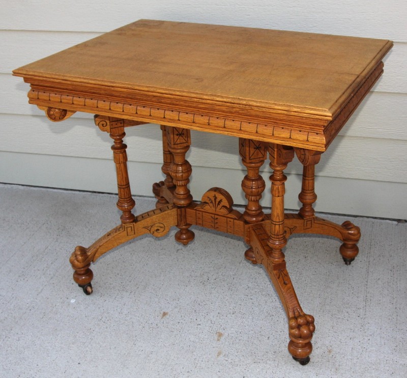 Antique Ornate Solid Quartersawn Oak Heavily Carved 4 Clawfoot Lamp Accent Table gallery