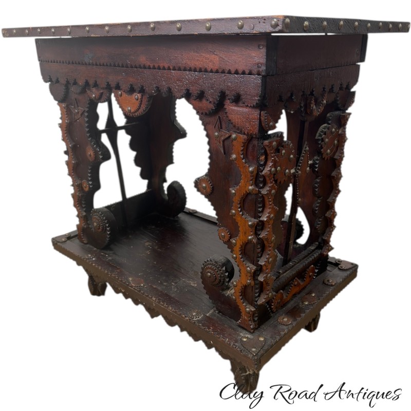 Antique chip carved tramp art table side end work table folk art 1890 hearts gallery