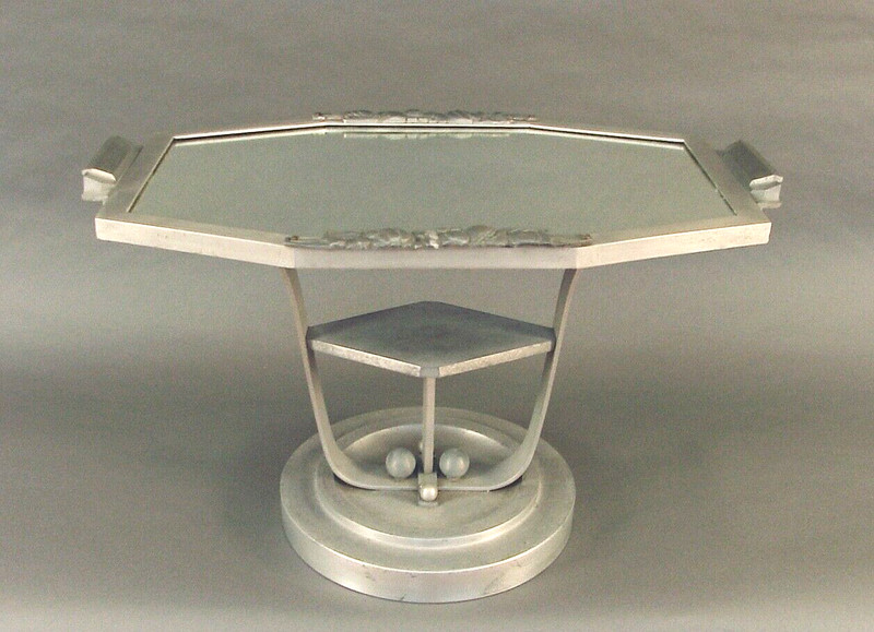 Unique Art Deco Coffee or Occasional Table, All-Aluminum, with Mirrored Tray/Top