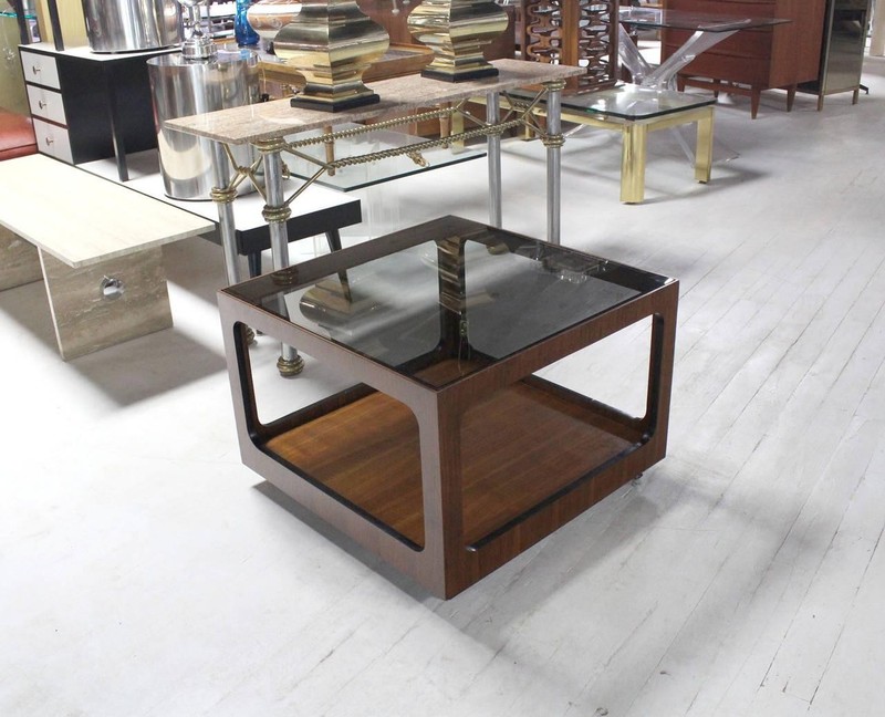 Mid Century Modern Square Cube Walnut Base Glass Top Coffee Side End Lamp Table gallery